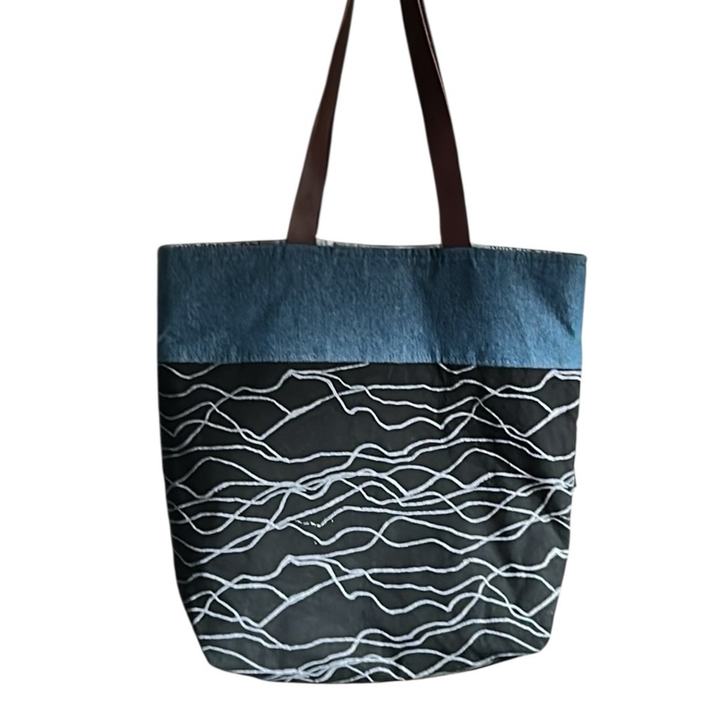 Three Bags Full Blue and Black Fabric Tote with Brown Leather Shoulder Straps